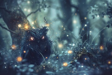 Cute yet sinister creature in a sparkling, ethereal forest, blending fantasy with a touch of darkness