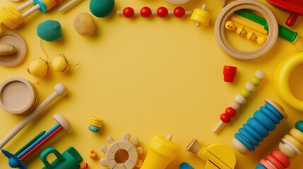 Joyful Learning Children Toys Frame on Yellow Background