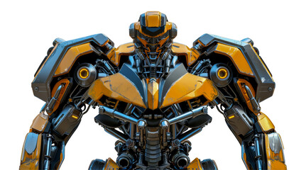 A yellow robot with a black face stands, cut out - stock png.