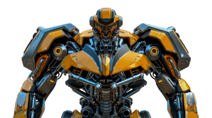 A yellow robot with a black face stands, cut out - stock png.