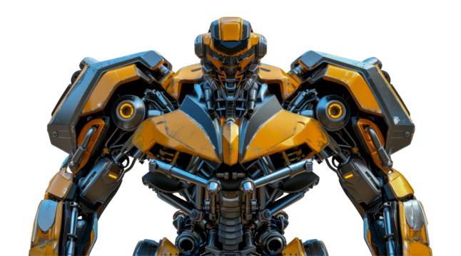 A yellow robot with a black face stands, cut out - stock png. - Powered by Adobe