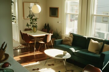 Fototapeta premium a house interior modern living room with a dark green tone, Generative AI