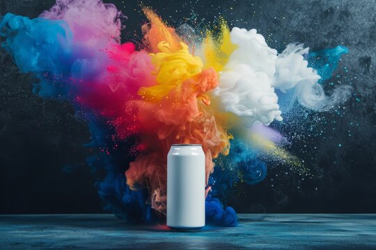 A can of soda is sitting in the middle of a colorful explosion of smoke, Generative AI