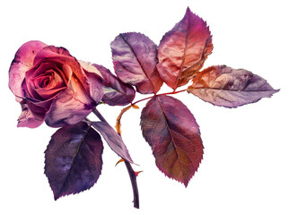 A rose with purple leaves and a stem, cut out - stock png.