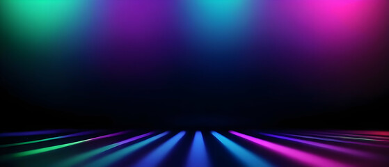 Fototapeta premium Blurred neon light. Disco illumination. Soft texture of defocused blue pink green ultraviolet rays on dark abstract empty space background