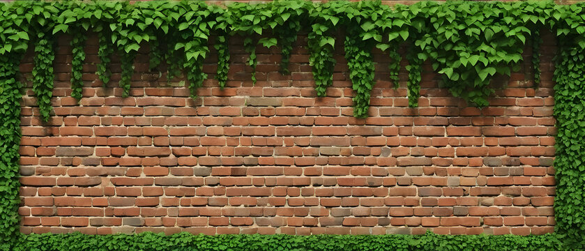 Old brick blocks wall and green creeper, retro stonewall with copy space, brickwork exterior mockup
