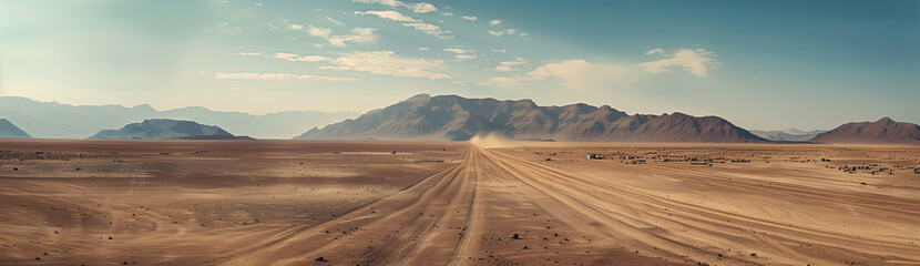 Fototapeta na wymiar Majestic Desert Landscape: Mountains, Dirt Road, Panoramic View