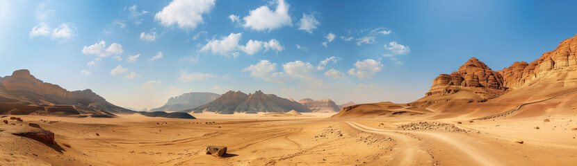 Fototapeta na wymiar Majestic Desert Landscape: Mountains, Dirt Road, Panoramic View