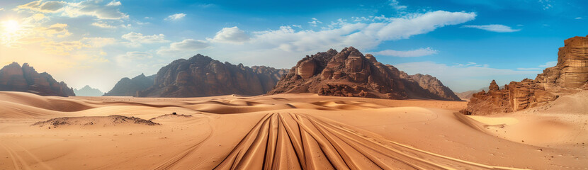 Naklejka premium Majestic Desert Landscape: Mountains, Dirt Road, Panoramic View 