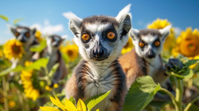 A troop of lemurs using large sunflowers to hide as they traverse a field of sunflowers under a bright blue sky