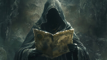 Mysterious hooded figure revealing a map with an unknown continent, - obrazy, fototapety, plakaty