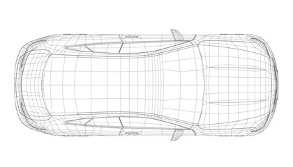 Wireframe of a two door modern car made of black lines isolated on a white background. Top view. Vector illustration. 3D. - obrazy, fototapety, plakaty