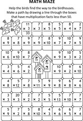 Math maze. Make a path by drawing a line through the boxes that have multiplication facts less than 50.
