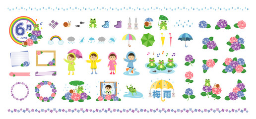 6月・梅雨のかわいいベクター素材セット（フラットイラスト） - obrazy, fototapety, plakaty