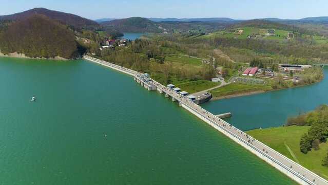 Timelapse Water Dam On Solina Lake Bieszczady Mountains Aerial View Poland