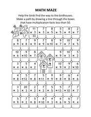 Math maze. Make a path by drawing a line through the boxes that have multiplication facts less than 50.
