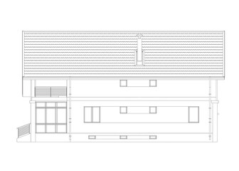 Outline suburban house model. Drawing of the modern building. Cottage project on white background. Vector blueprint.