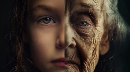 Life Journey Face Divided into Two Halves - Childhood and Old Age