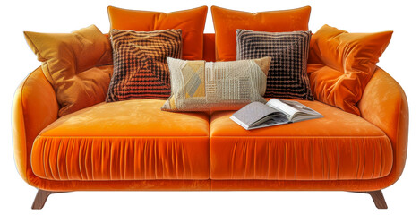 A couch with pillows and a book on it, cut out - stock png.