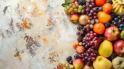 A Vibrant Fruit Wallpaper Poster with an Abstract Arrangement of Ripe and Colorful Produce Against a Neutral Backdrop,Ideal for Food,Culinary,and - obrazy, fototapety, plakaty