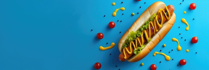 Captivating Hot Dog Graphic Wallpaper with Vibrant Mustard and Relish Accents on a Bold Blue Background - obrazy, fototapety, plakaty