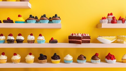 Colorful Dessert Display on Shelves Against a Vibrant Yellow Background