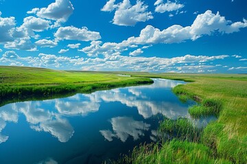A panorama of a vast meadow with a winding river snaking through it, reflecting the vibrant blue sky