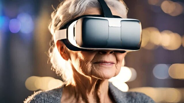 A elderly woman wearing VR headset, virtual reality, innovation and new technology concept