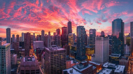 A panoramic view of a vibrant sunset over a city skyline, with skyscrapers reflecting the colorful sky and streets