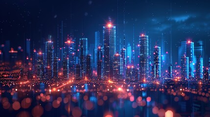 Obraz premium Wi-Fi smart city or network. Low poly wireframe. Building automation with computer board illustration. Isolated on a dark blue background. Plexus points and lines. Wireless smart city or network