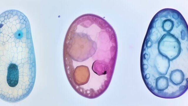A comparison of three different insect egg cells under a microscope. The first is from a butterfly and is elongated with a smooth . AI generation.