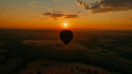 Aerial perspective of a hot air balloon silhouetted against a breathtaking sunset, floating over a scenic landscape