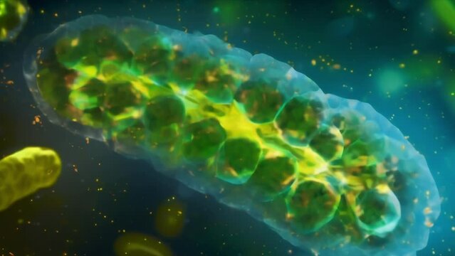 A crosssection image of a mitochondrion showcasing its double membrane structure and the presence of ries on its outer membrane. . AI generation.