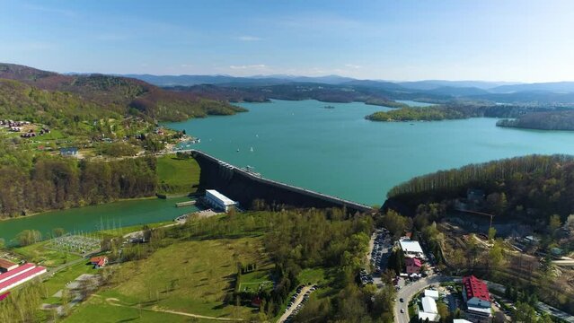 Timelapse Water Dam On Solina Lake Bieszczady Mountains Aerial View Poland