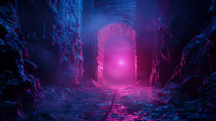 Fantasy night landscape with magical power, ancient stones with magical power and light, runes. Passage to another world, magic door, light, neon.. - obrazy, fototapety, plakaty