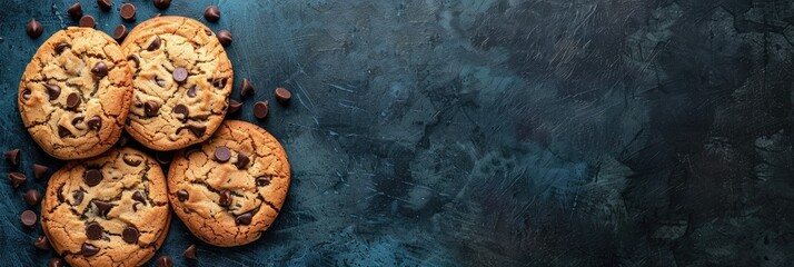 Freshly Baked Chocolate Chip Cookies on a Dark Background with Ample Copy Space for Text or Design Elements - obrazy, fototapety, plakaty