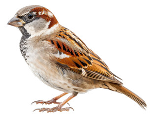 Fototapeta premium A small brown and white bird with a black beak, cut out - stock png.