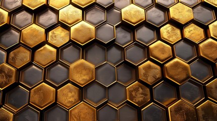 Geometric pattern inspired by honeycomb, precise hexagons, golden color scheme