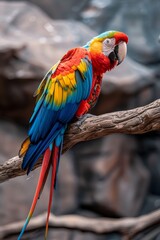Macaw parrot with dazzling rainbow plumage, perched on a weathered branch