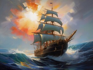 Caravel ship in seascape on the high seas and high waves Generative AI 