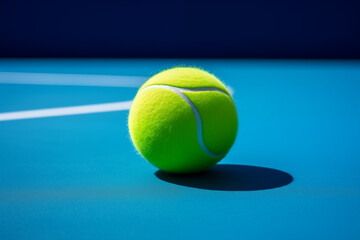 A tennis ball on the court on dark blue background