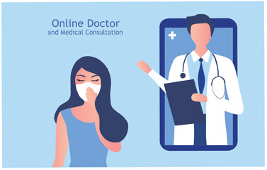 Online doctor and medical consultation concept. Woman using laptop online connect to doctor, doctor online vector illustration