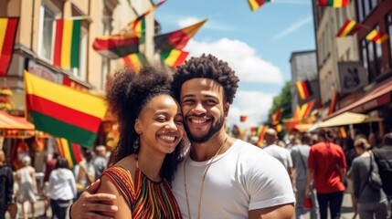 Obraz premium Happy young African American couple celebrating Juneteenth Freedom and African liberation day. Black life matters. Black history month.