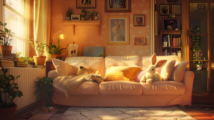 A tender moment of a family with bunny ears cuddled up on their sofa, reading an Easter storybook together, the room bathed in the soft glow of spring sunshine. 