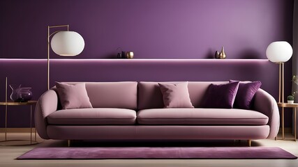 "A modern living room with a sleek sofa, contemporary lamp, and minimalist cabinet, all arranged in a well-lit setting against a purple-toned background. The sofa features clean lines and plush 