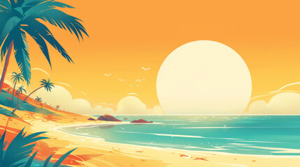 Paper cutting of a tropical beach at sunrise, with palm trees, soft sand, and a calming sea