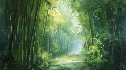 Peaceful meditation in a bamboo forest, impressionistic,