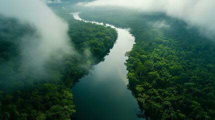 Serpentine river through a rainforest, beautiful but harboring parasites, documentary style,