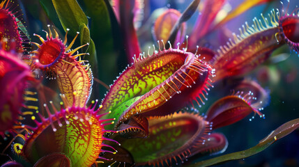 Siren-like carnivorous plants with vibrant colors, deadly allure, documentary style, - obrazy, fototapety, plakaty