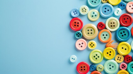 multicolored stationery buttons on a light blue background. Items colour in the lower left corner Office supplies concept. Stationery. Back to school, college, education,copy space.
